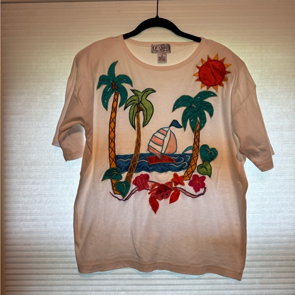 Vintage t-shirt with hand embroidered beach scene